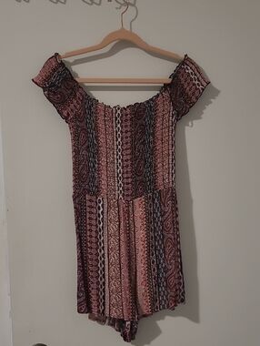 Streetwear Society Off The Shoulder Paisley Romper in Pink and Black